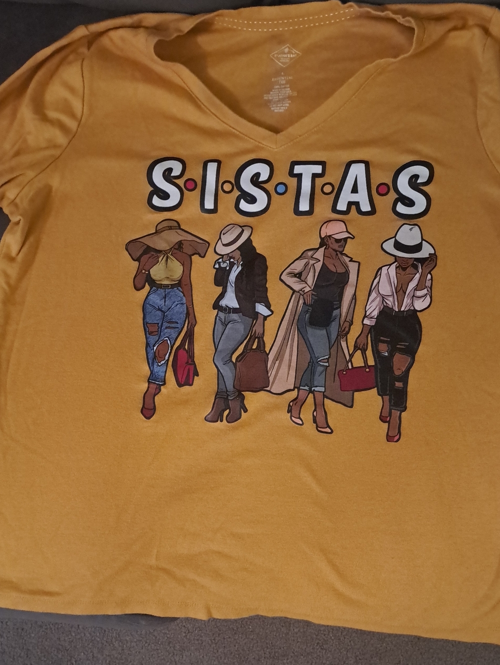 St. John's Bay Mustard Yellow "SISTAS" Graphic V‑Neck Long Sleeve Tee